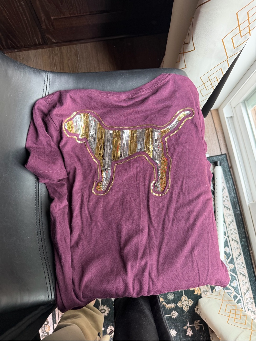 PINK Victoria's Secret Purple Tee with Gold Sequin Dog